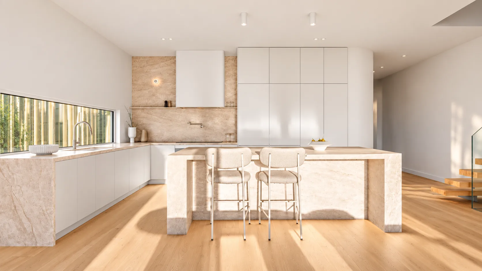 Sunlit minimalist luxury kitchen with custom joinery