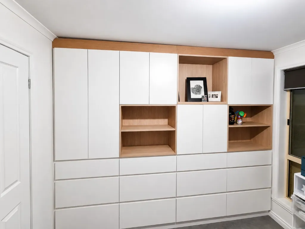 Timber built-in shelving nook