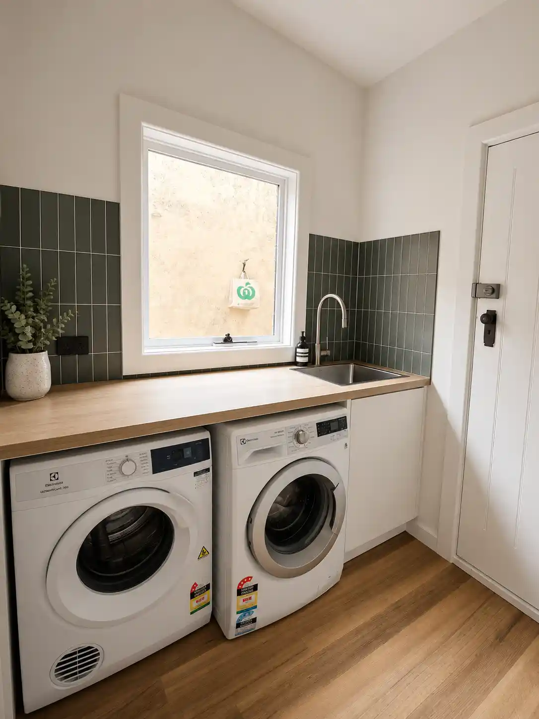 Timber benchtop laundry with dark green square tile splashback