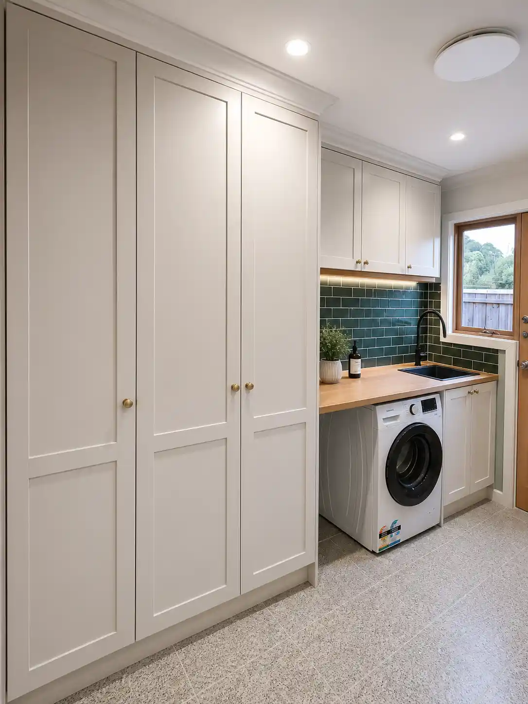 Shaker laundry with tall storage cupboards and green subway tile