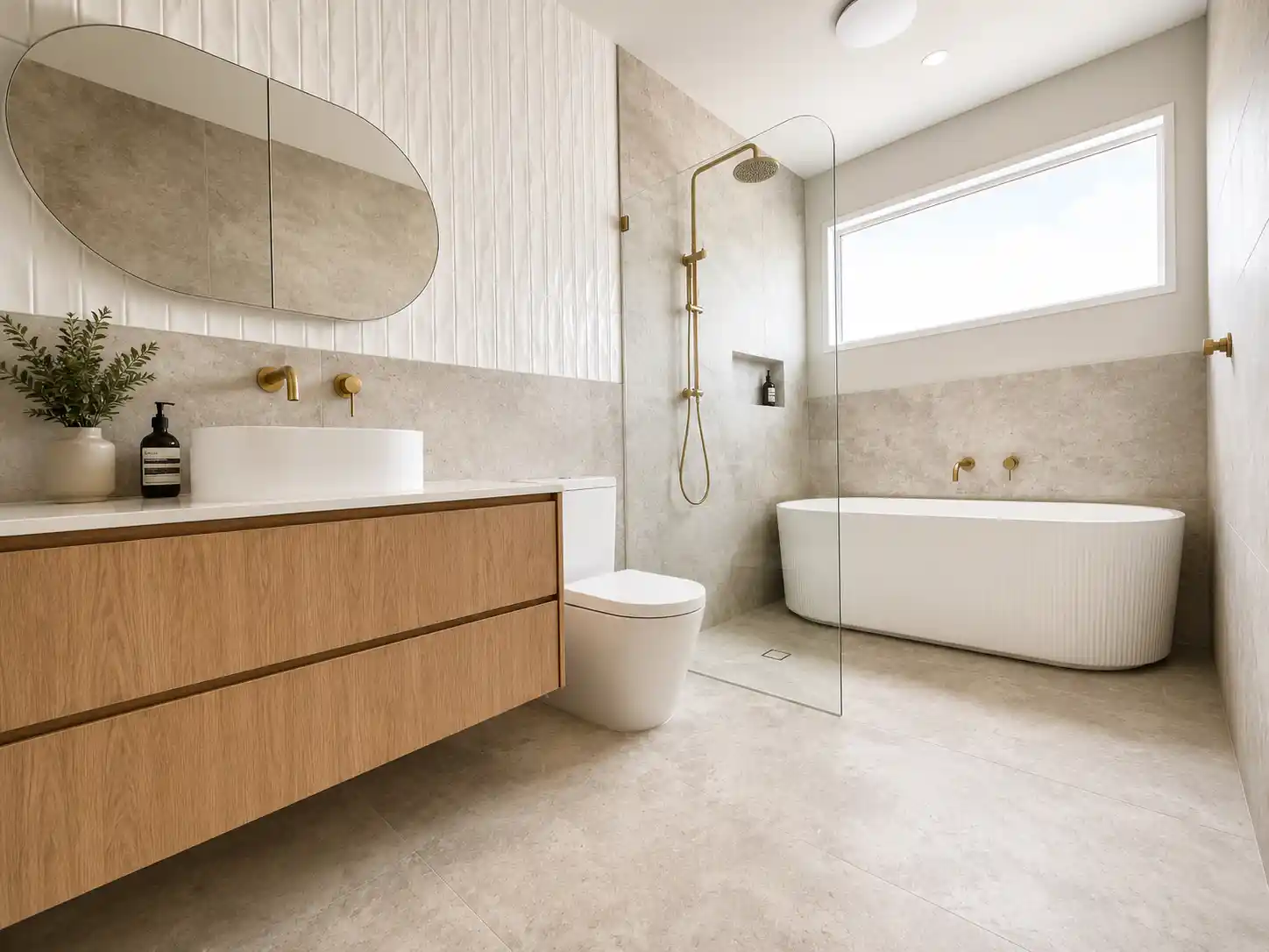 Custom Melbourne bathroom vanity with floating timber cabinetry and stone top
