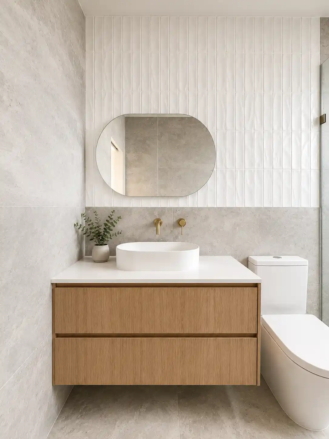 Floating oak vanity with oval mirror
